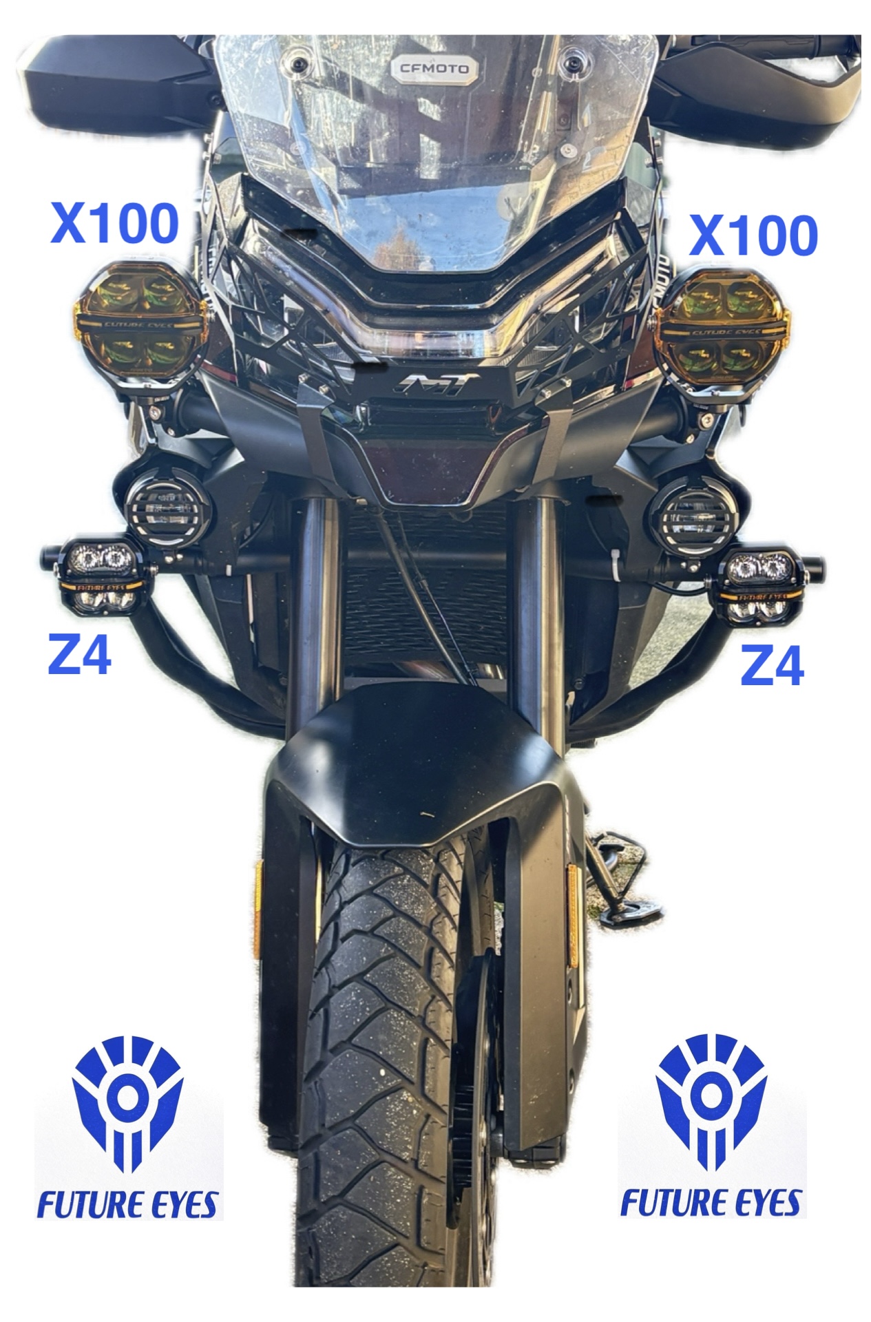Front of a CFMoto adventure motorbike fitted with Future Eyes X100 and Z4 auxiliary lights