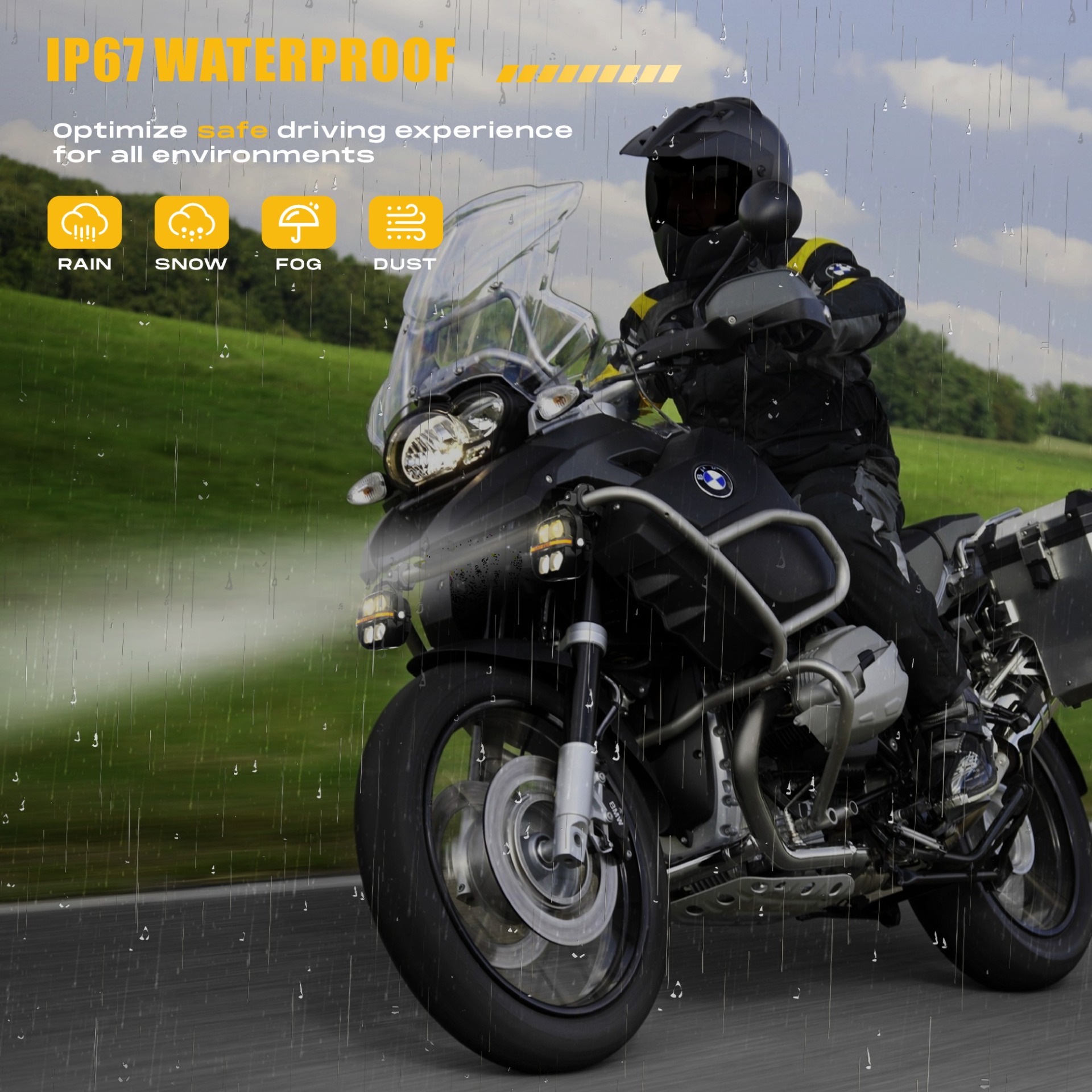 Rider on a BMW GS adventure motorbike in the rain with Future Eyes auxiliary lights on — IP67 waterproof, all-weather visibility